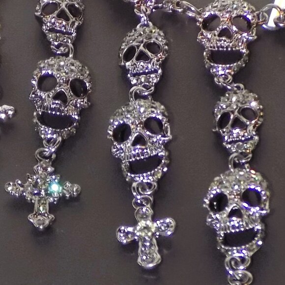New Eye Candy Glass Crystals Tiered Skulls & Crosses Statement Bib Necklace - Picture 3 of 9
